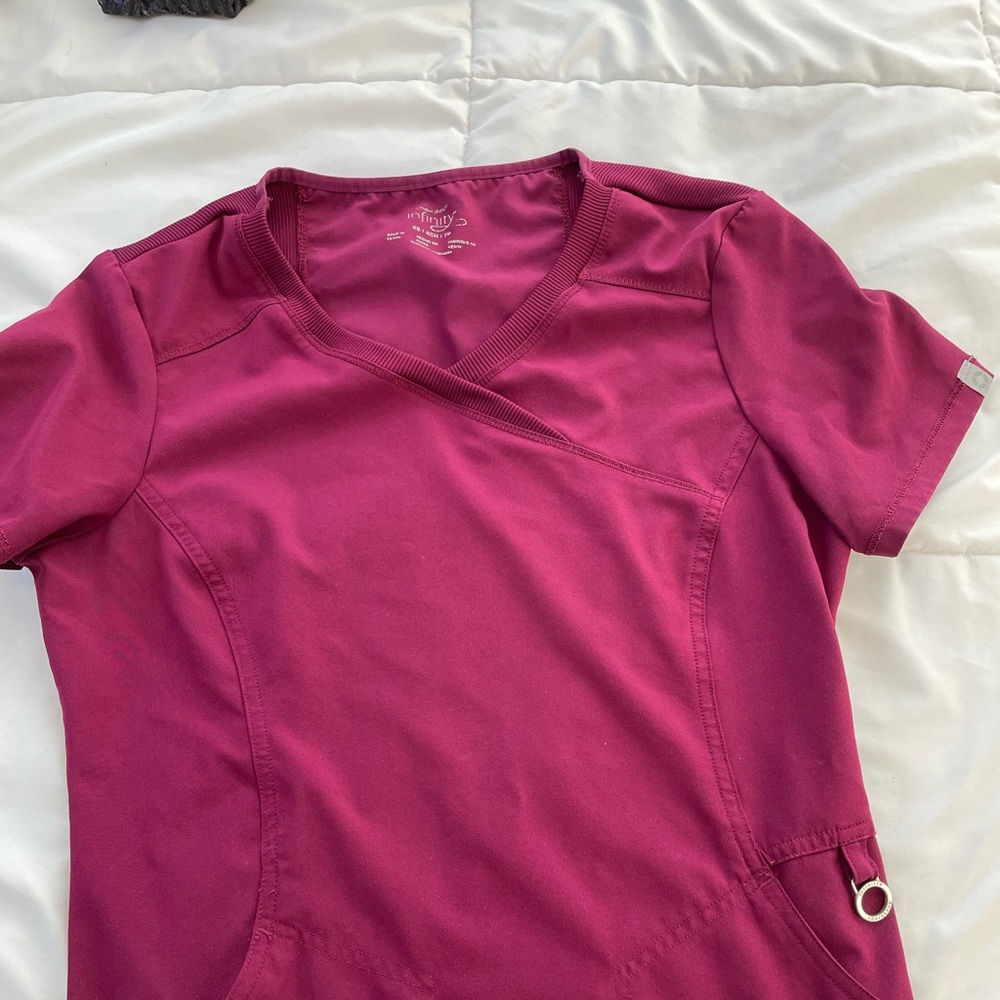 Wine, XS Cherokee infinity scrub top.